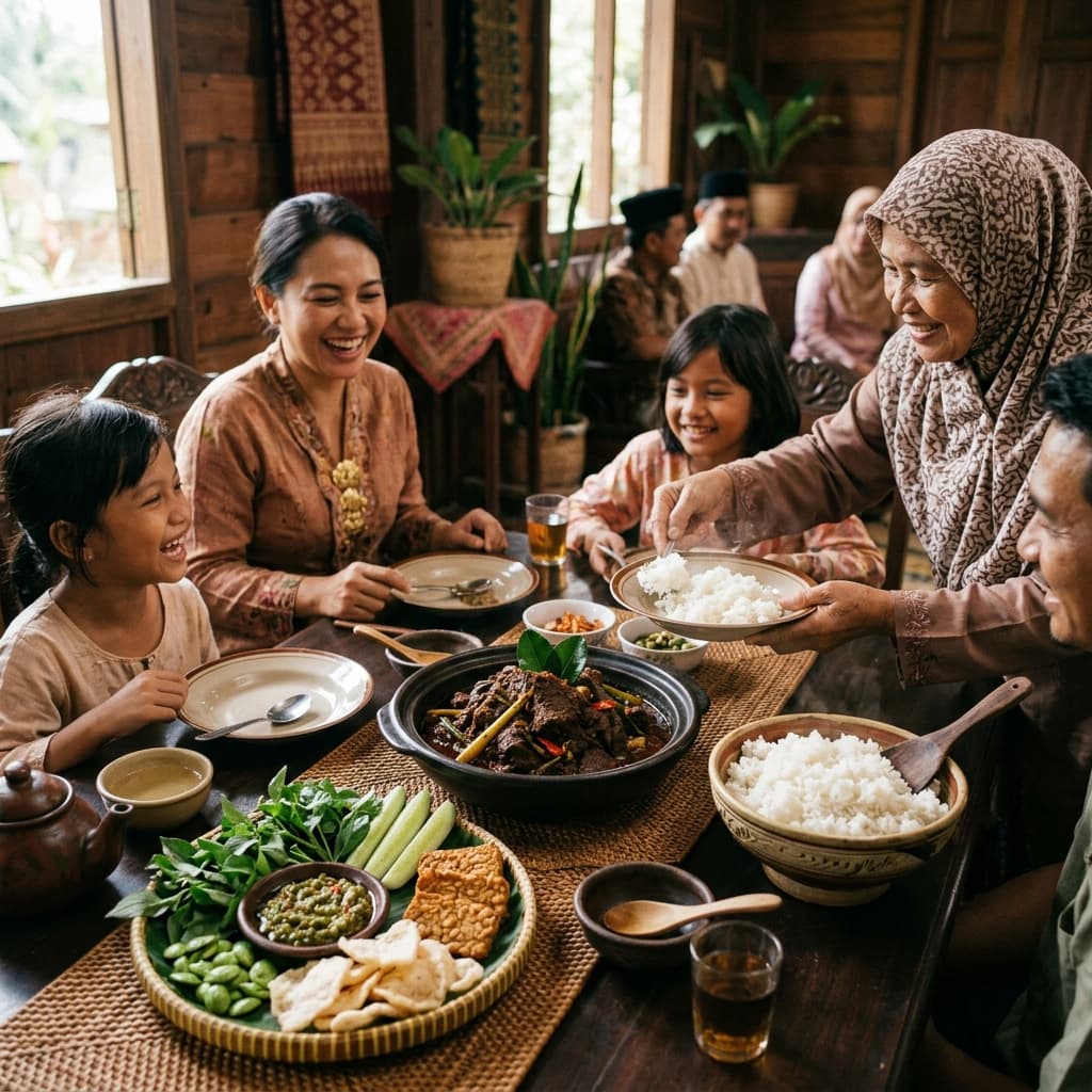 Rendang served over fragrant white rice on a banana leaf platter