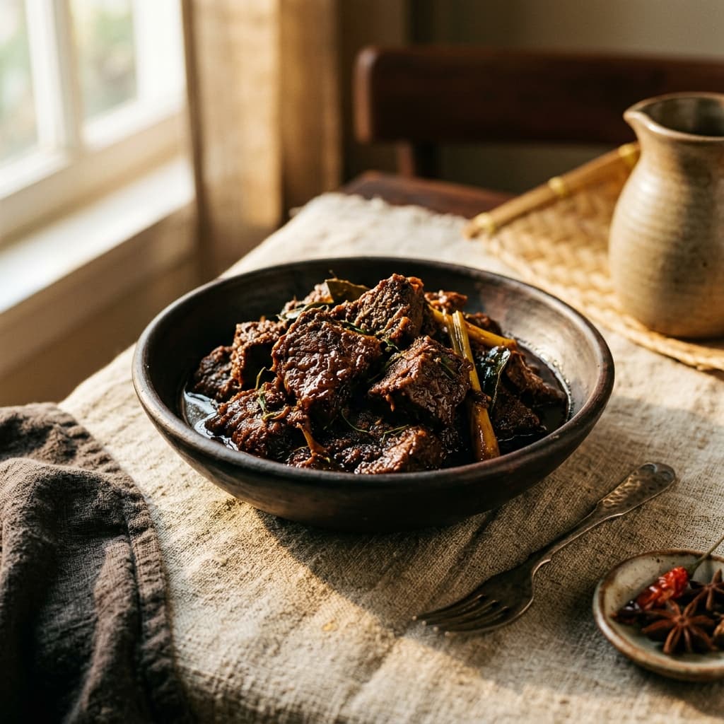 Authentic Minangkabau Rendang simmered slowly over wood fire hearth