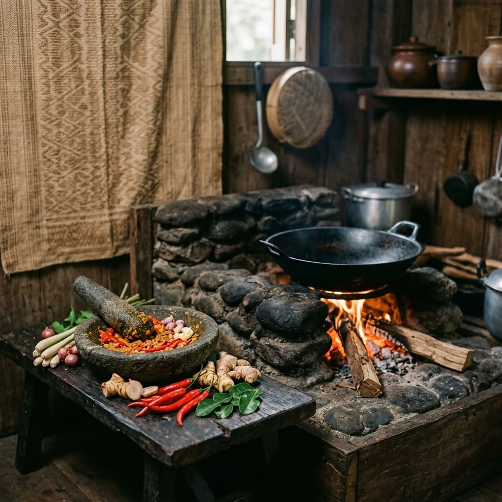 Authentic traditional Minangkabau kitchen hearth setup with fresh spices and coconut milk